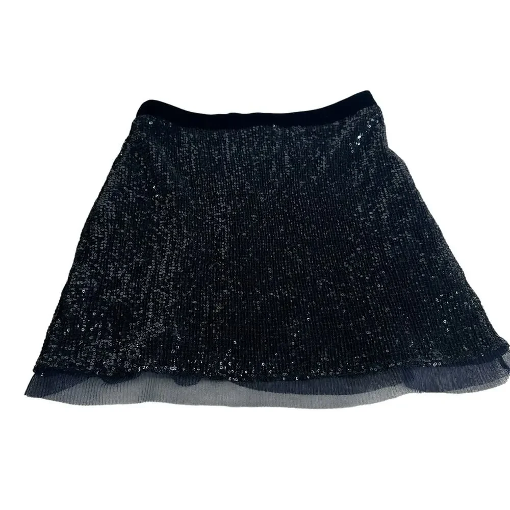 Free People Wild Child Slate Blue Sequin Mesh Sheer Hem Mini Skirt Size 2